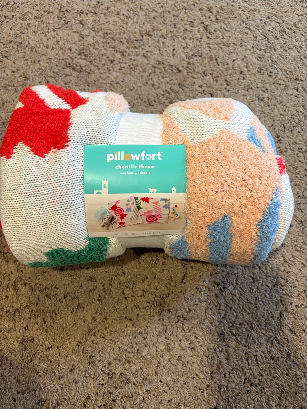 Pillowfort Chenille Throw Blanket in Red, Peach, Blue, Green & White